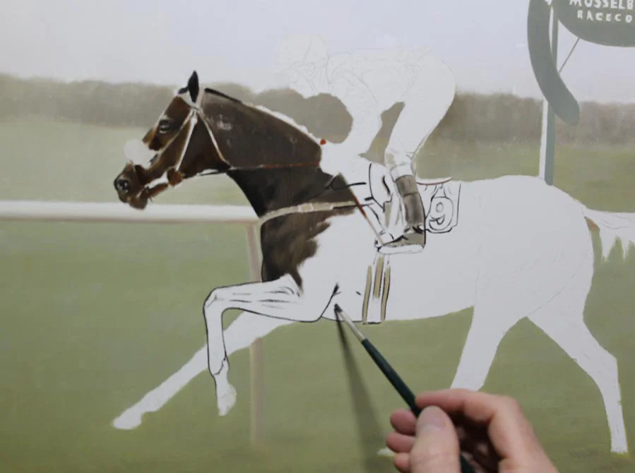 Racehorse Portrait Progress – Merchant of Dubai, mid-painting Progress shot of the Racehorse Portrait of Merchant of Dubai, with more details added
