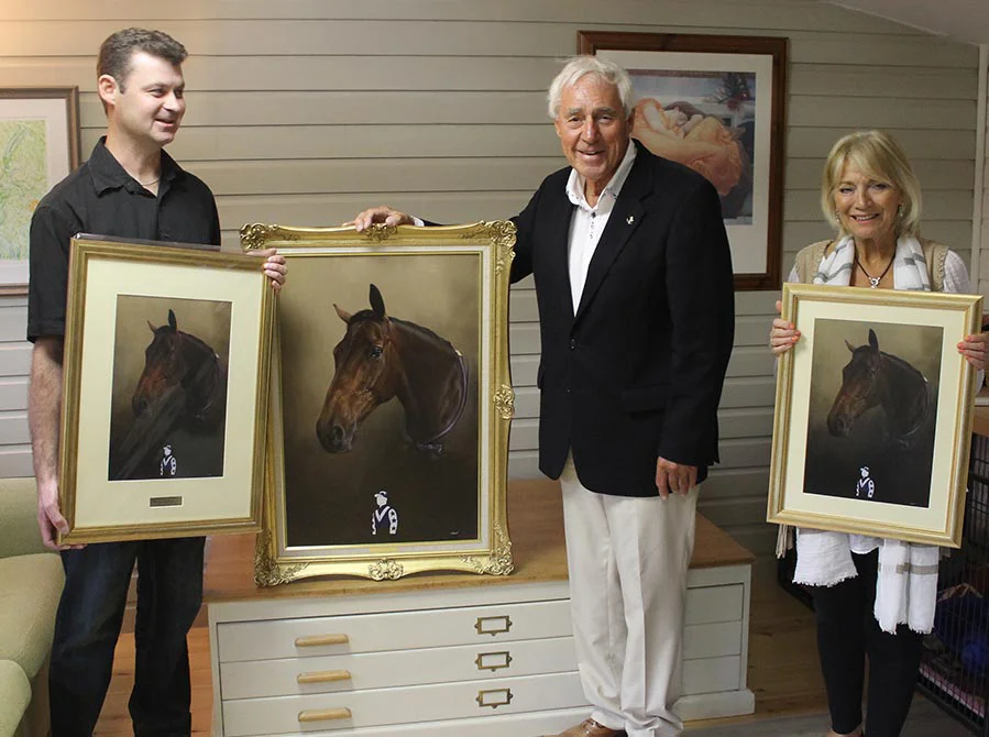 Framed Portrait Displayed in Home, enhancing the space Framed retired racehorse portrait beautifully displayed as part of home decor