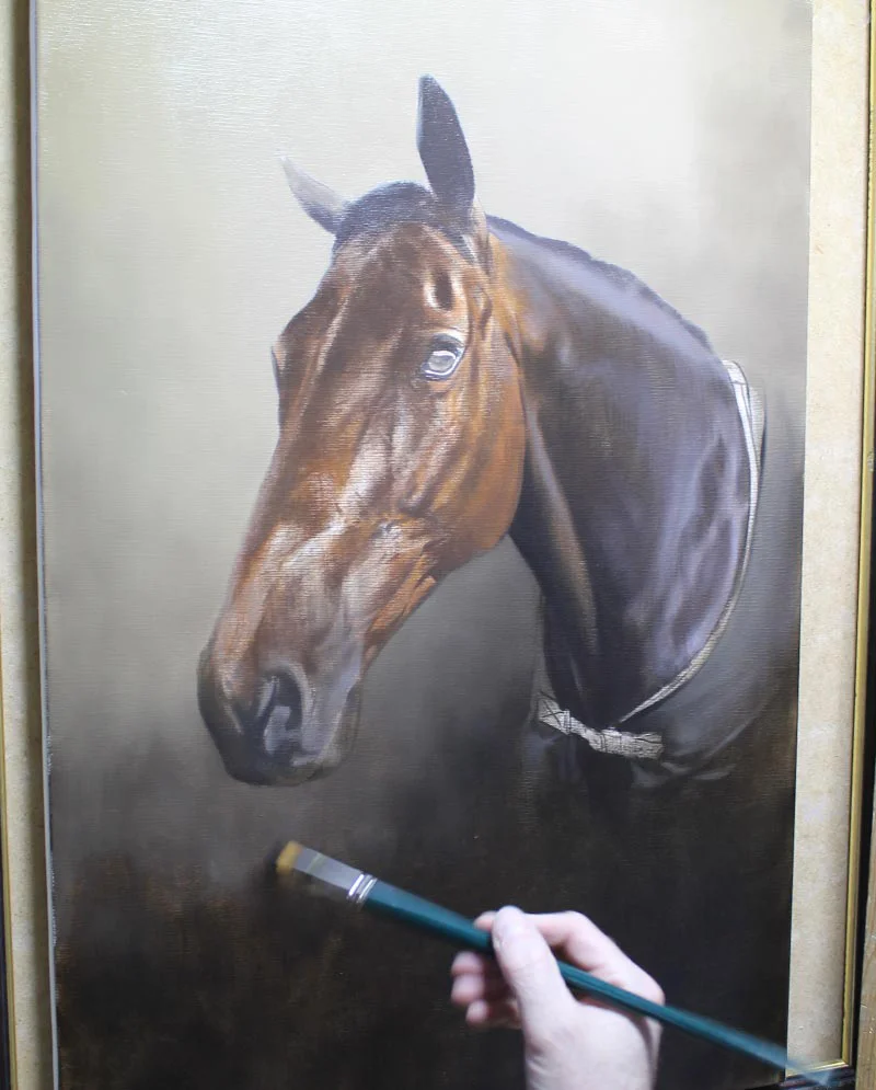 Work in Progress - Retired Race Horse Portrait, beginning stages Work in progress of the retired racehorse portrait, showing initial sketching and underpainting
