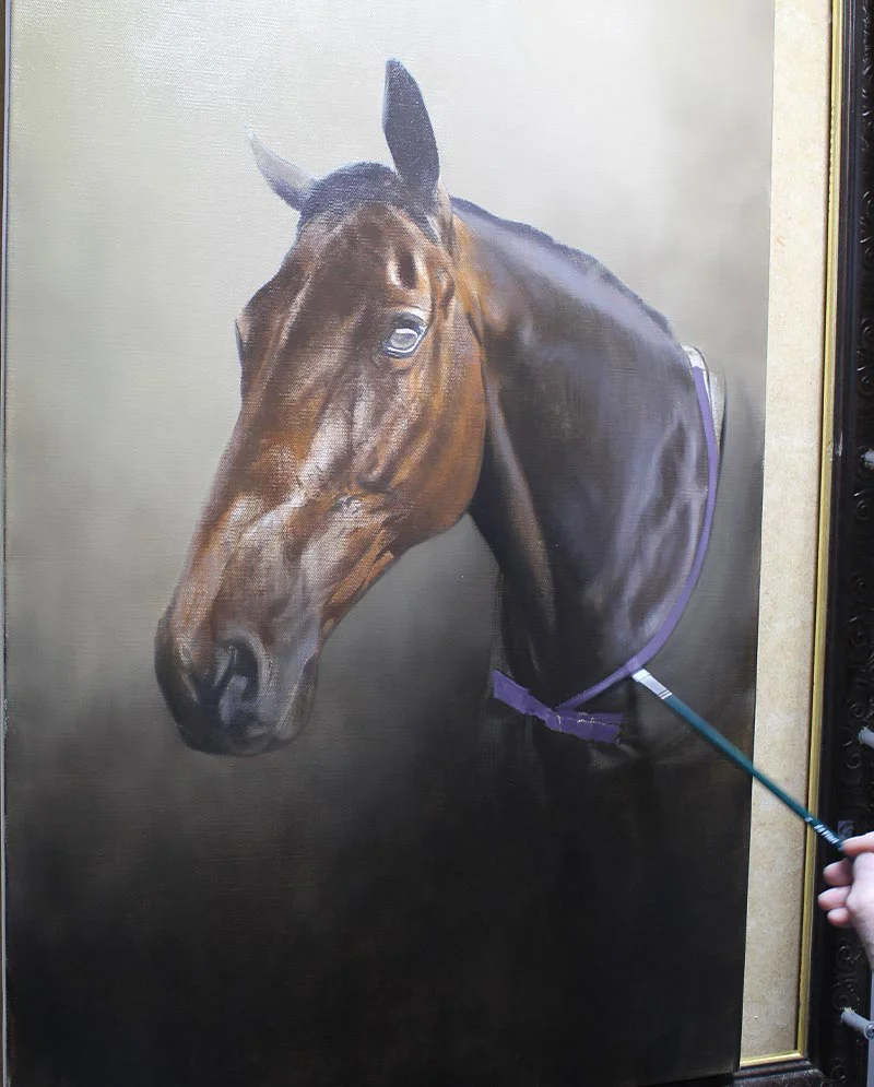 Oil Portrait in Progress - Retired Race Horse, building forms Oil portrait of the retired racehorse in progress, with early color applications