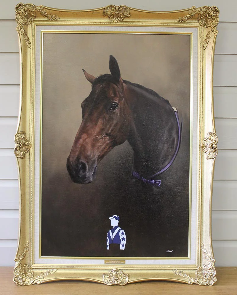 Horse Oil Portrait Displayed in Client's Home, showing its presence Oil portrait of the retired racehorse displayed elegantly in a client's home