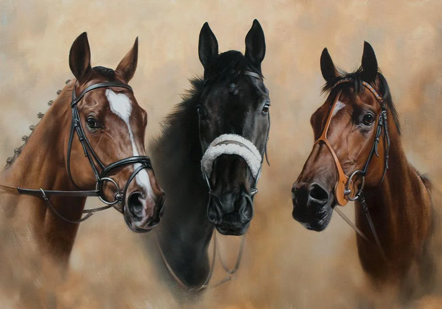 Full view of the 'Three Kings' Race Horse Portrait Side view of the finished racehorse portrait, showing Riguez Dancer, Resplendent Light, and Fol Hollow