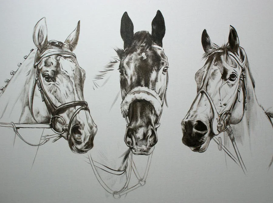 Work in Progress of The Three Kings Horse Portrait, initial development Work in progress of the oil painting featuring the three racehorses, early stages