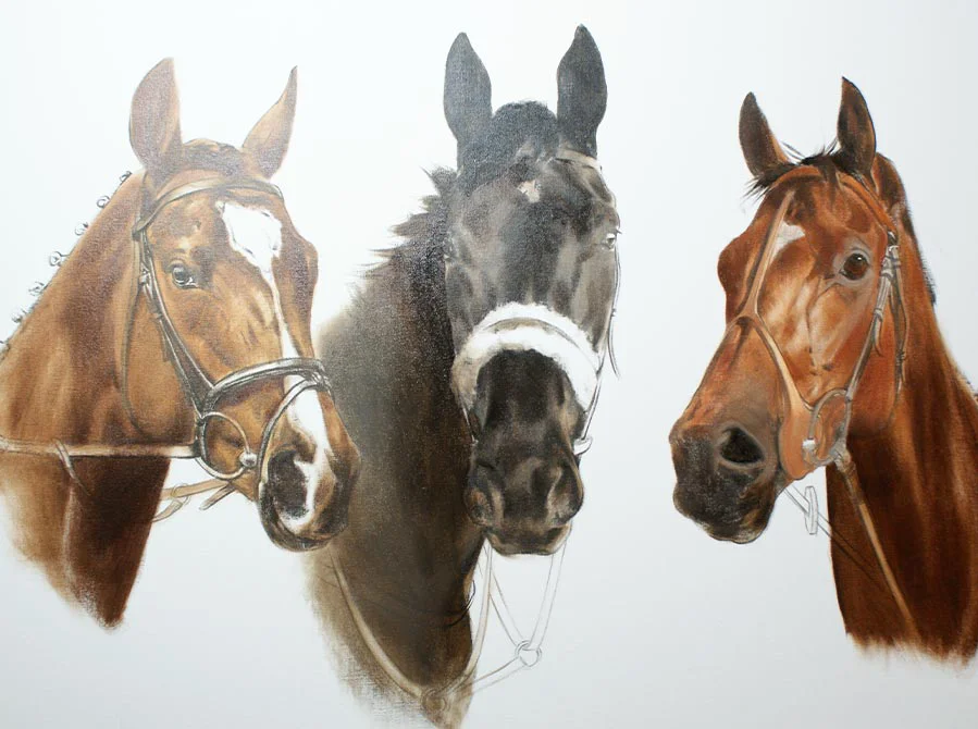 Horse Portrait Trio in Progress, building layers Progress shot of the horse portrait trio, showing developing forms and colors
