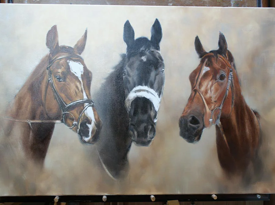 Three Horse Oil Painting Detail In Progress, focusing on texture Close-up detail of the three horse oil painting in progress, highlighting brushwork