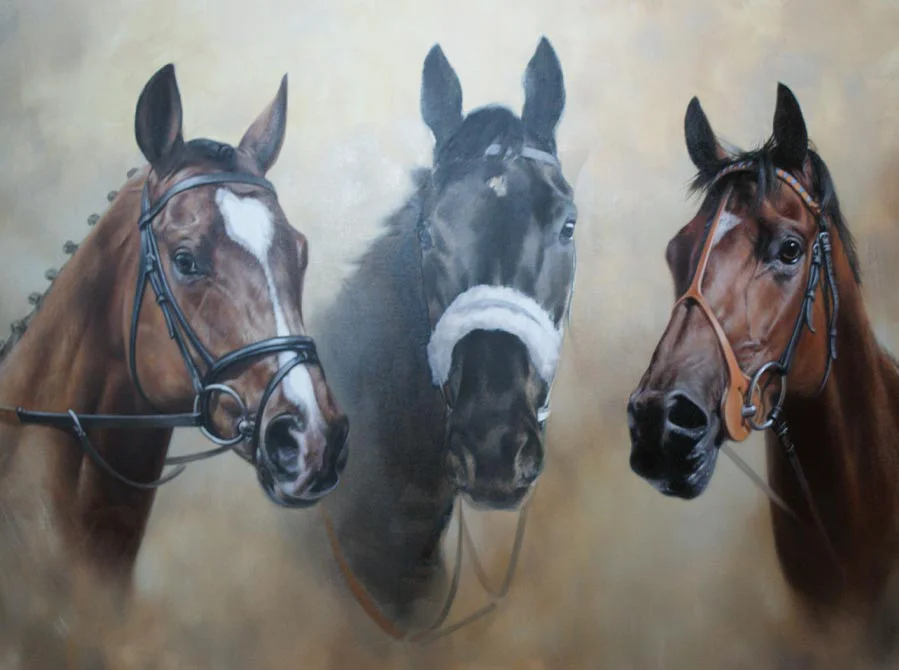 Oil Painting of Three Horses in Progress, developing features Mid-stage view of the oil painting of the three horses, showing increasing detail