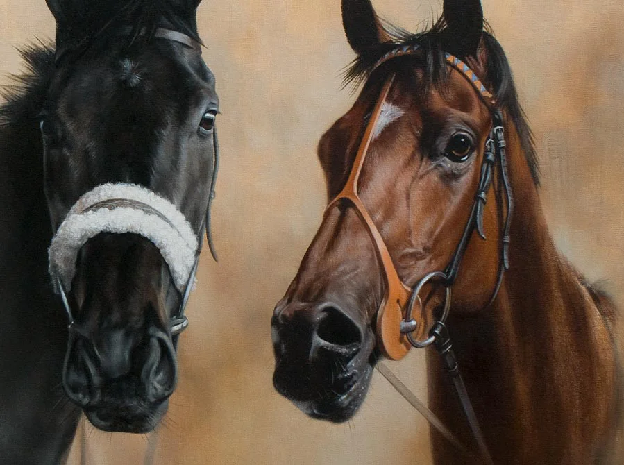 Final Touches on Three Horse Oil Portrait, completing the piece Applying final touches to the three horse oil portrait, refining details