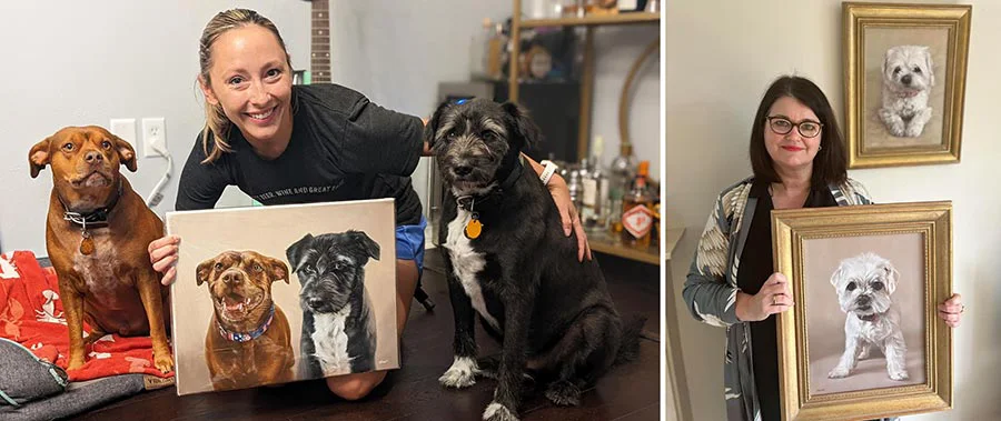 Commission a Custom Pet Portrait – Hand-painted Realism by Nicholas Beall A commissioned oil pet portrait of two dogs, Jen with Shadow and Moose, highlighting the artist Nicholas Beall's realistic style.