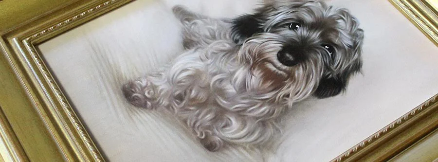 More examples of Nicholas Beall's framed dog portrait commissions A close-up of a framed, vibrant oil portrait of a Golden Retriever by Nicholas Beall, showing detailed brushstrokes.