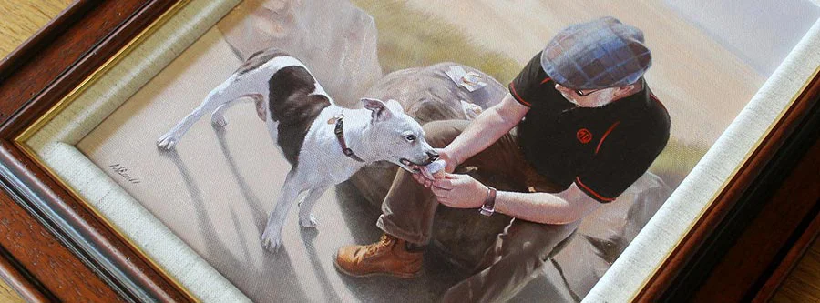 View more exquisite framed dog oil portrait commissions by Nicholas Beall A collection of diverse, beautifully framed oil dog portraits by artist Nicholas Beall, highlighting various breeds and artistic styles.