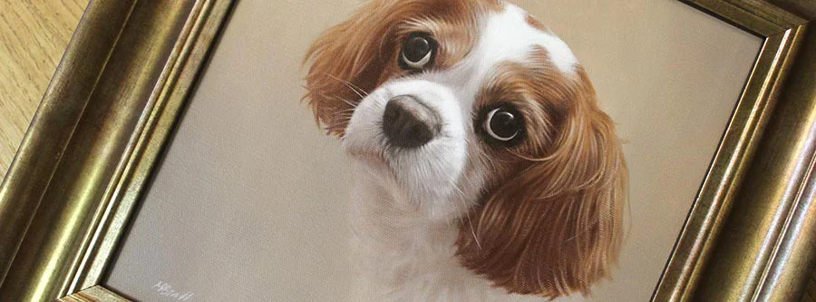 More examples of Nicholas Beall's framed dog portrait commissions A collection of beautifully framed oil portraits of various dog breeds, painted by Nicholas Beall.