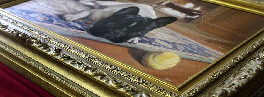 View more framed dog portrait commissions A collection of framed dog oil portraits in various styles, painted by Nicholas Beall.