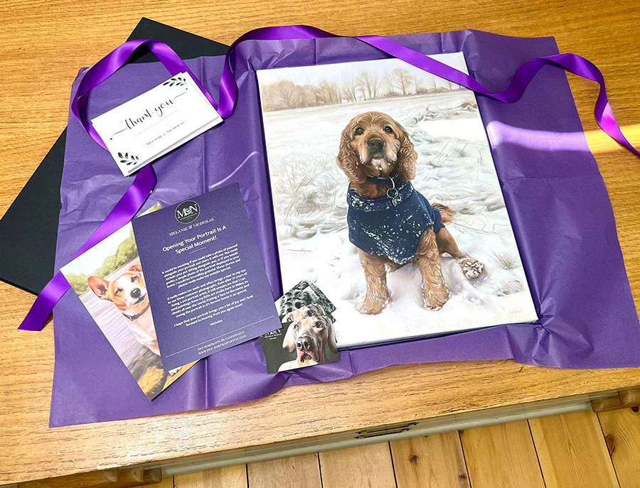 Experience unboxing your custom dog portrait Luxury unboxing of a pet portrait with delicate tissue paper, a satin ribbon, and accompanying printed materials.
