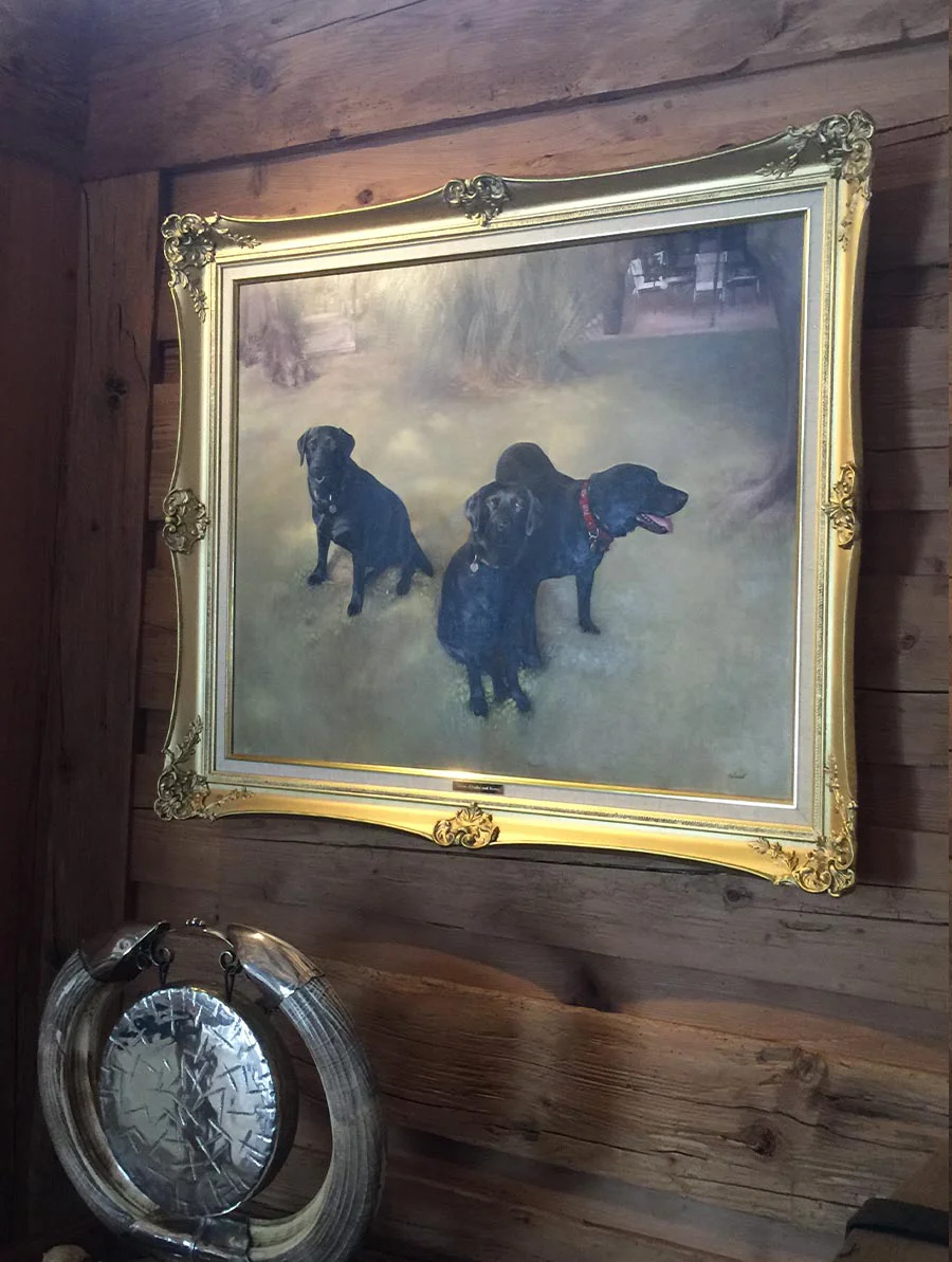 Labrador oil portrait for a holiday home in Switzerland An oil painting of three Labradors (Zizou, Gingko, and Rover) commissioned for a holiday home, showcasing a multi-dog portrait.