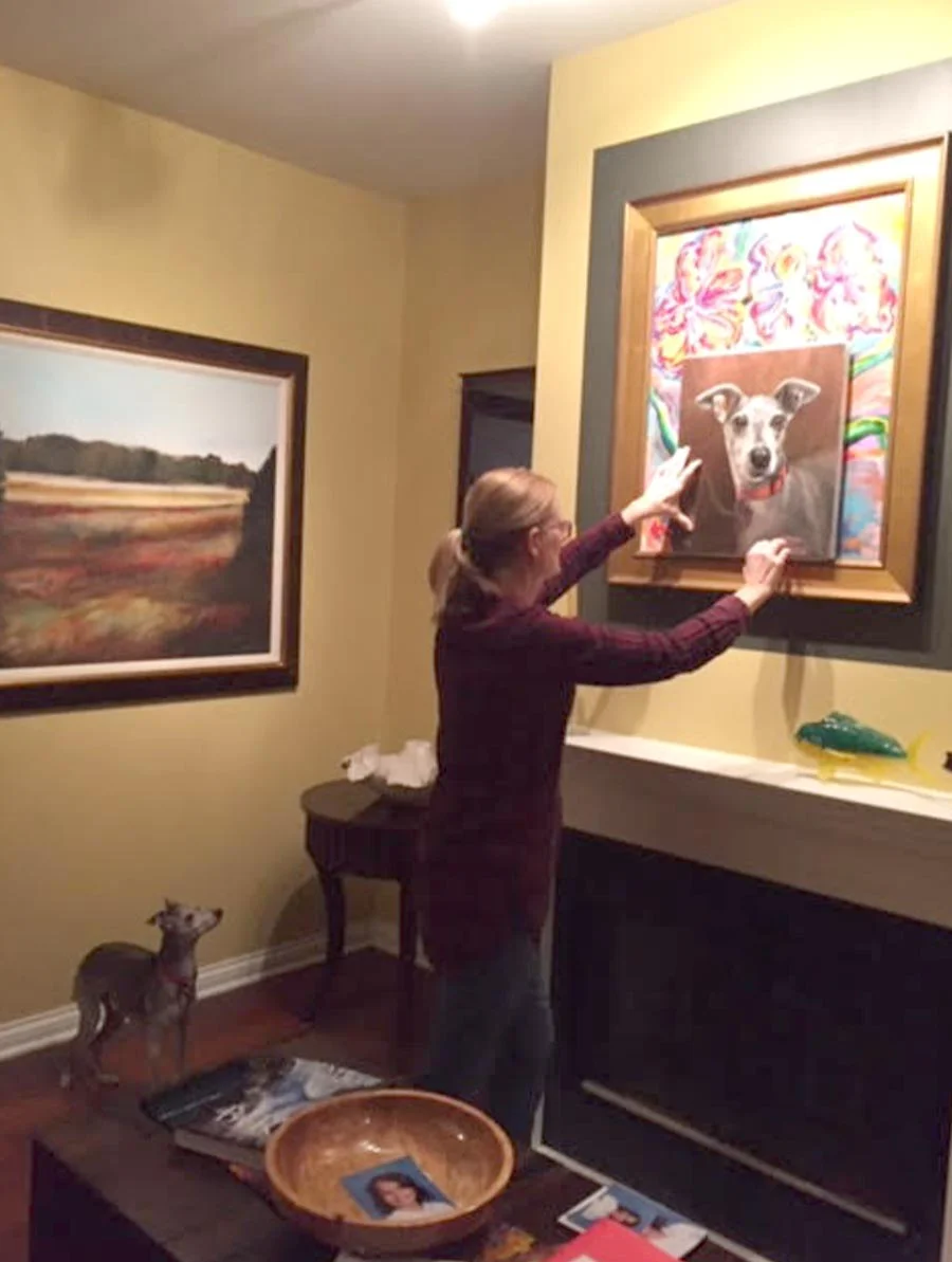Spyder admiring his new oil portrait A client's dog, Spyder, curiously inspecting its newly painted, unframed oil portrait.