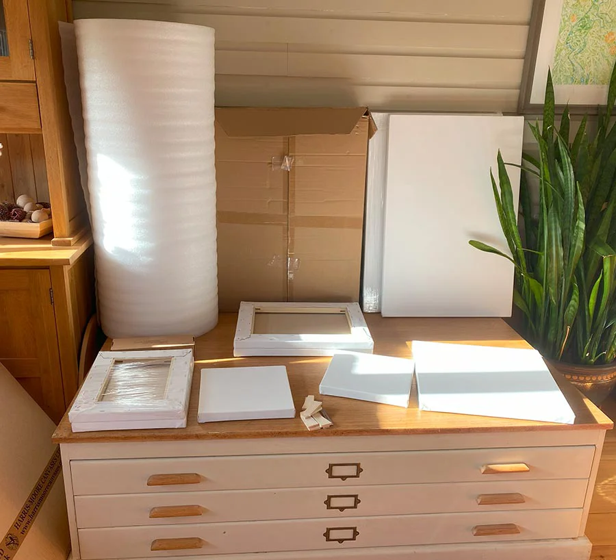 A peek inside Nicholas Beall's pet portrait studio An artist's studio with canvases prepared for oil paintings, ready for pet portraits.