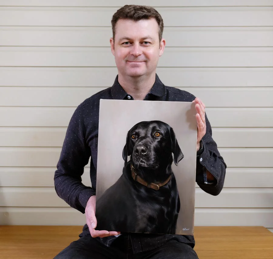 Nicholas Beall's Dog Oil Pet Portraits Vibrant oil painting of two dogs, a fluffy white dog and a brown dog, symbolizing pet portraits by Nicholas Beall.