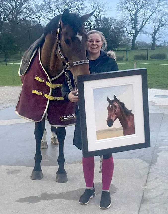 Horse oil portrait of Tilly with Gill's daughter Catherine and Tilly