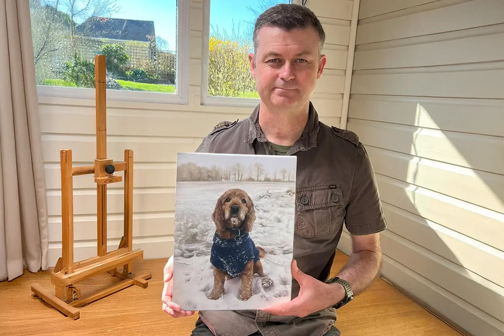 John Nettles Oil Painting of Milo Oil painting of Milo the spaniel in snow, commissioned by actor John Nettles for his granddaughter