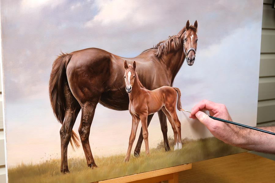 Custom pet portrait in oil and pencil, featuring dogs, cats, and horses.