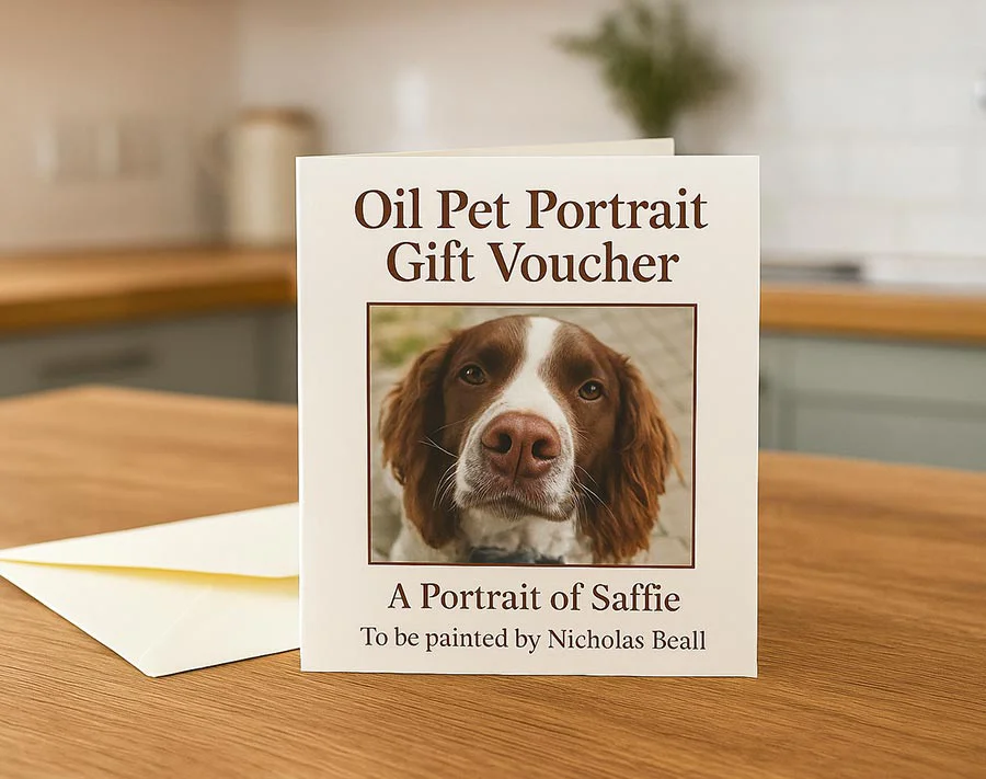 Custom, personalised Pet Portraits Gift Vouchers by Nicholas and Melanie. A personalized pet portrait gift voucher design, available for purchase via email.