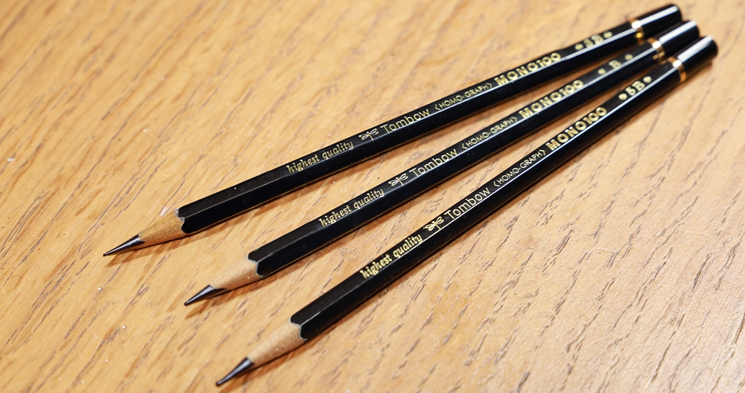 Tombow Mono 100 professional graphite pencils used for fine detail and precise fur texture in pet portrait drawings