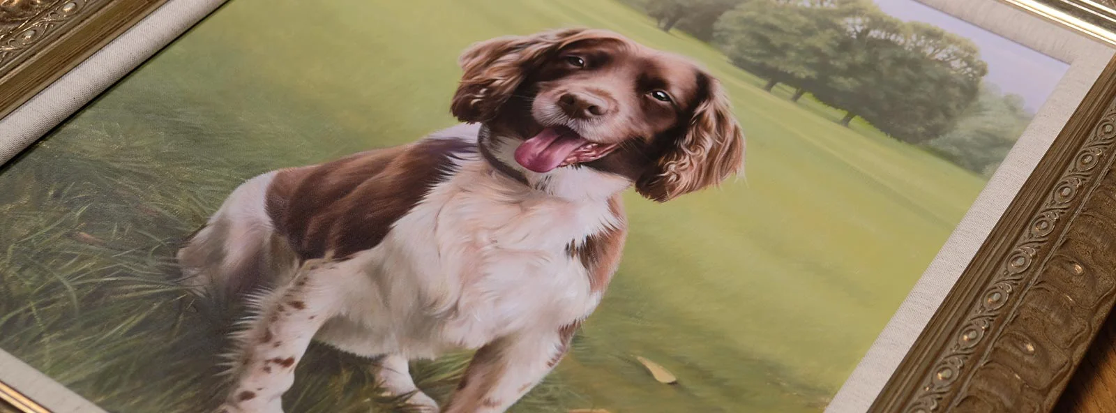 Traditional oil pet portrait commissions by Nicholas Beall A serene landscape with various framed traditional oil pet portraits displayed, illustrating the artistry.