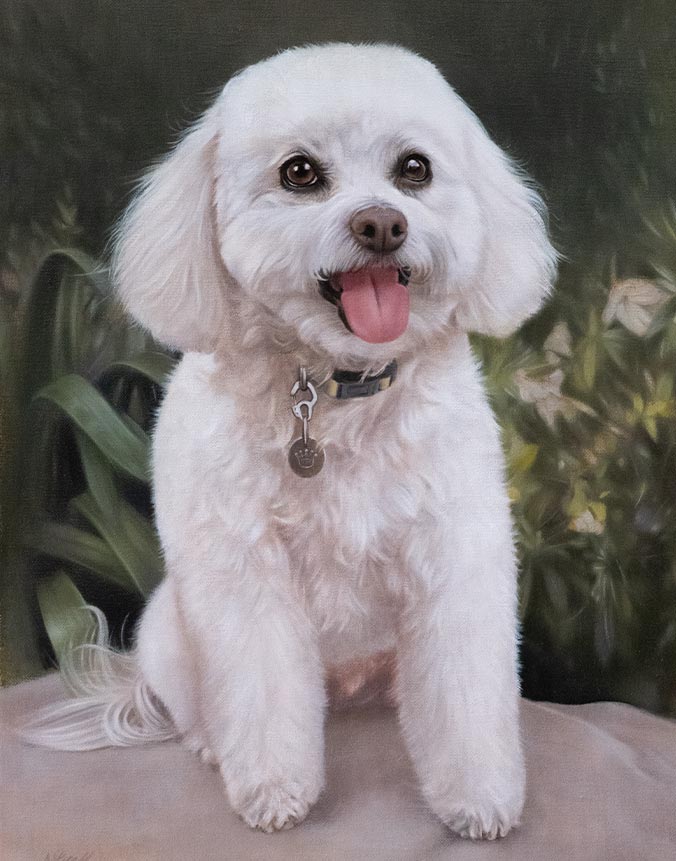 Oil painting of Bichon Friese in Background