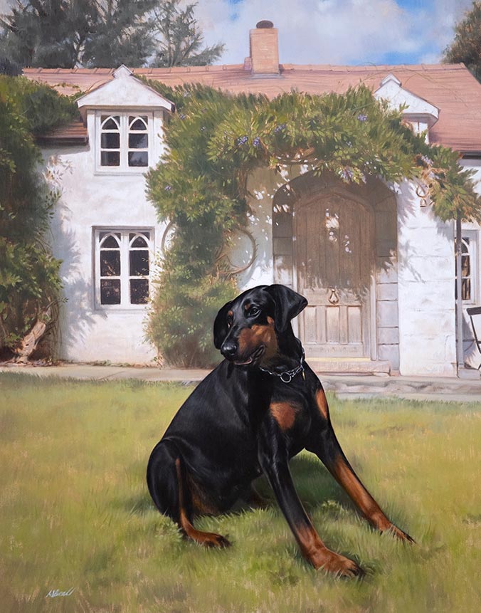 Oil painting of cottage and doberman in Background