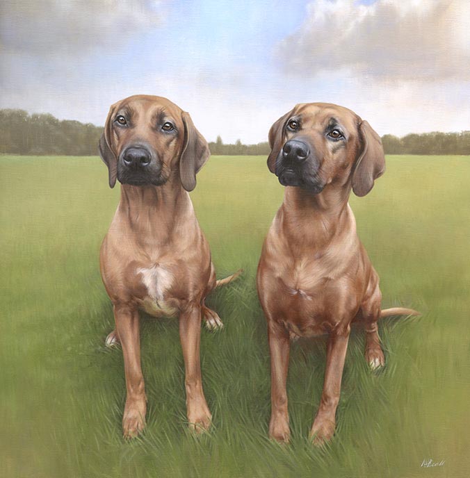 Oil painting of Rhodesian Ridgebacks in background