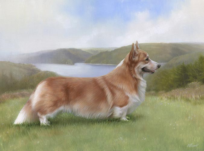 Oil painting of Corgi in background