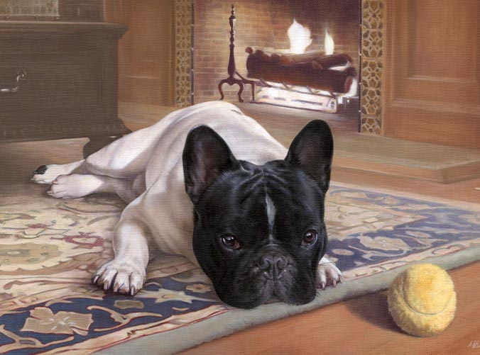 Oil painting of French Bull Dog in background
