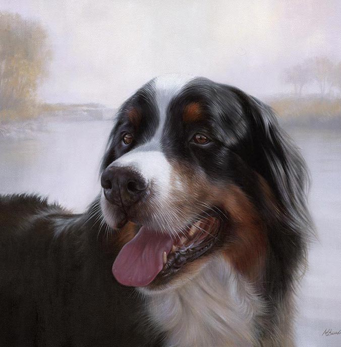 Oil painting of Burnese Mountain Dog in background