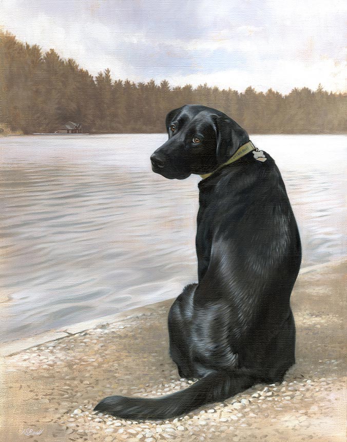 Oil painting of Labrador in background