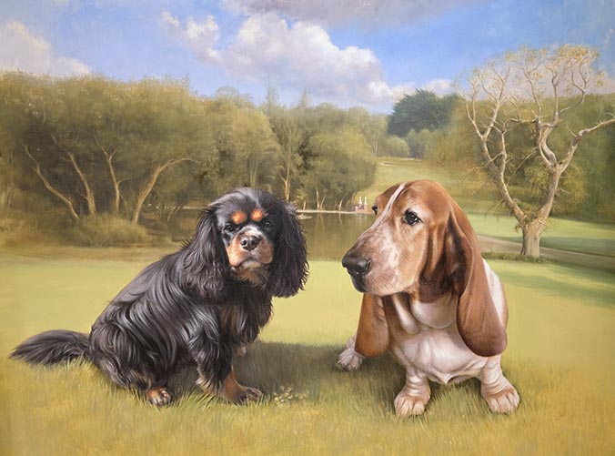 Oil painting with scenic background