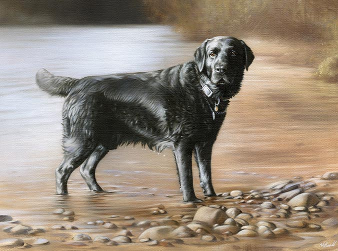 Oil painting of Labrador in background