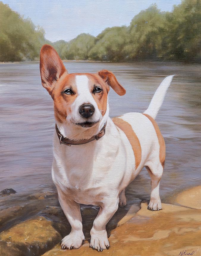 Oil painting with Jack Russell by a river