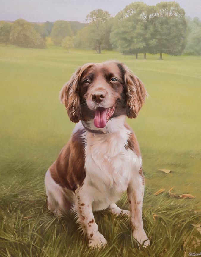 Oil painting of Spaniel in Background