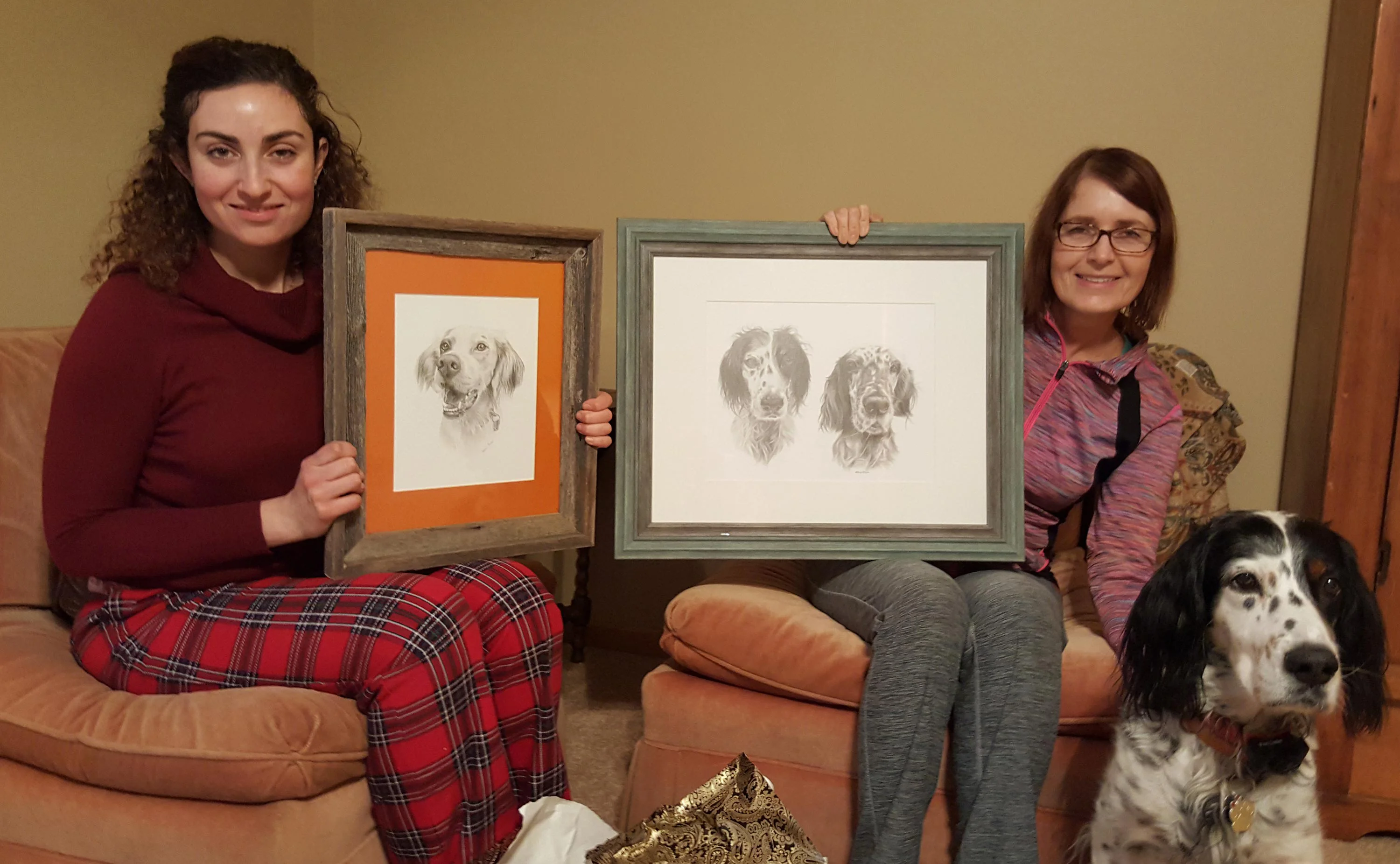 Close-up views of graphite pet portraits, showcasing the intricate detail on the fur and expressions of English Setters and a Springer Spaniel.