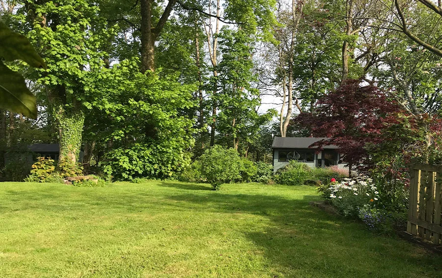 Our Welsh Cottage Garden and Art Studio Panoramic view of the tranquil Welsh cottage garden with the custom-built art studio nestled discreetly among lush trees.