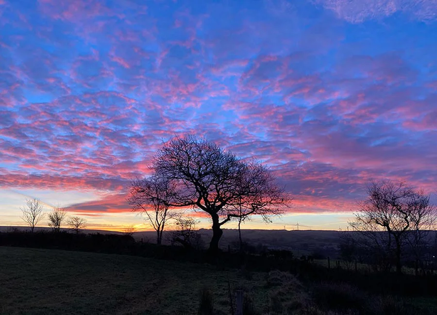 Melanie Phillips photographing a dramatic and colorful morning sky, showcasing golden hour light.
