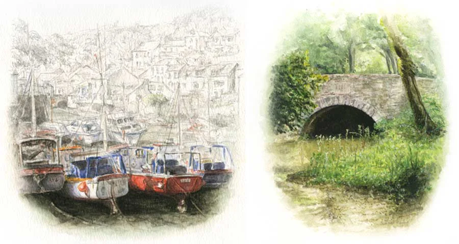 Two early watercolor paintings by Nicholas Beall from his teenage years: Polperro harbor and a landscape study of Respryn, Cornwall.