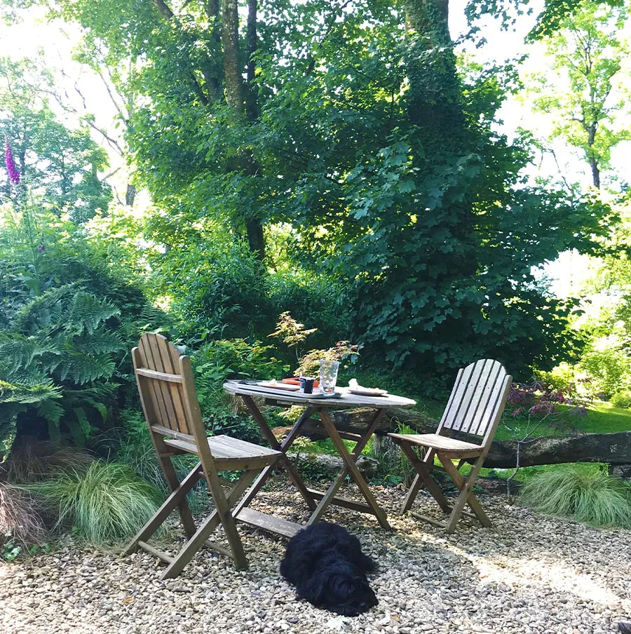 Breakfast Outside the Studio in Spring and Summer A quaint garden table and chairs set up outside the art studio, shaded by trees, perfect for outdoor meals during warmer months.