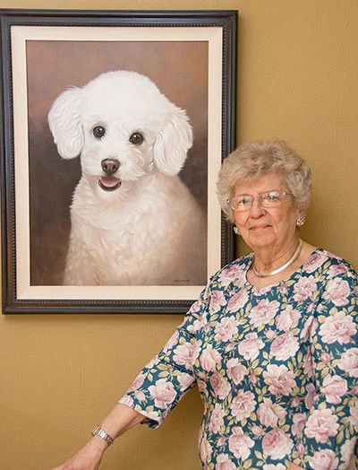 Kim Hinkle's Testimonial for Samantha's Portrait A framed portrait of Samantha the horse, proudly displayed in a mother's apartment, offering comfort and admiration.