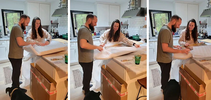 Client Beth Wallace's Cat Portrait Testimonial A young woman, Caitlin, reacting with surprise and joy as she unwraps her new pet portrait of Wallace the cat, a wedding gift.