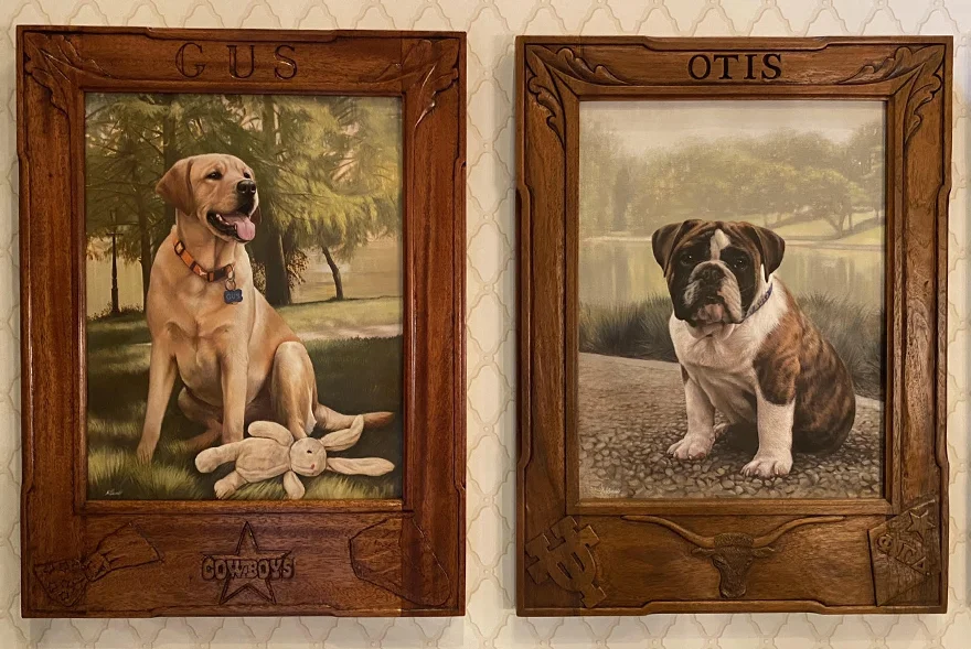 Harlan Crow's Custom Pet Portrait Collection A collection of five custom oil pet portraits with elaborate hand-carved frames, part of Harlan Crow's art collection.